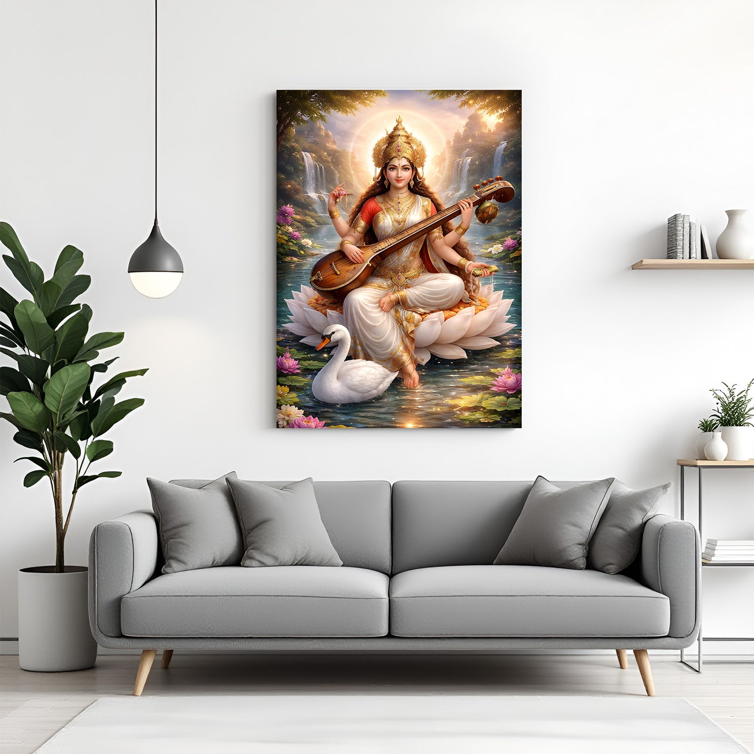 Maa Saraswati seated on white lotus with swan and pink lotus flowers in beautiful natural scenery canvas wall art