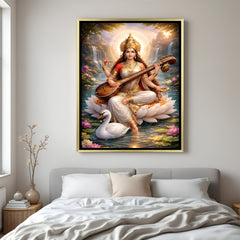 Maa Saraswati luxury spiritual artwork in golden floater frame with pink lotus and nature scenery