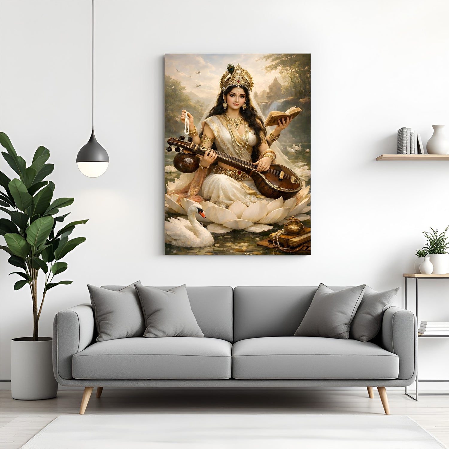 Maa Saraswati seated on white lotus with swan and serene natural background spiritual canvas wall art