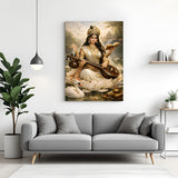 Maa Saraswati seated on white lotus with swan and serene natural background spiritual canvas wall art