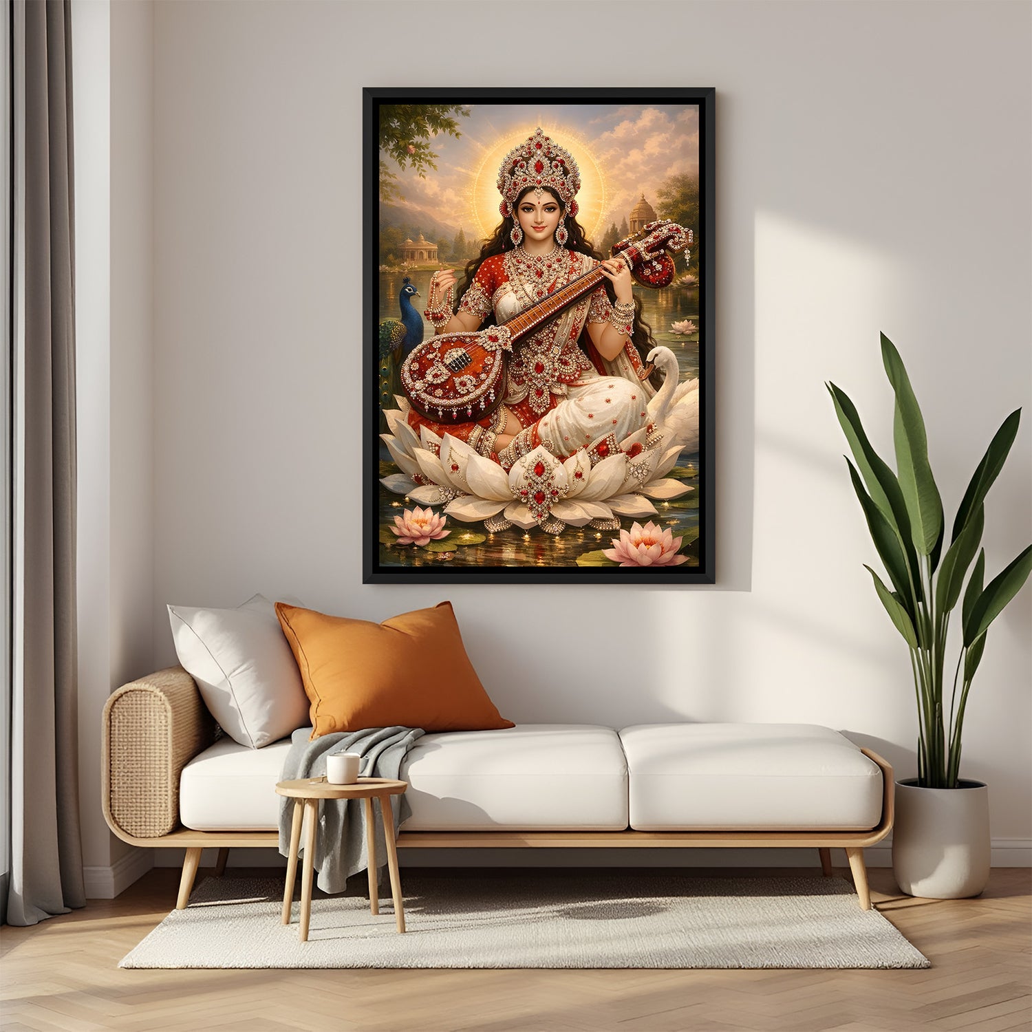 Maa Saraswati divine wall painting in elegant black floater frame with swan and peacock beside her