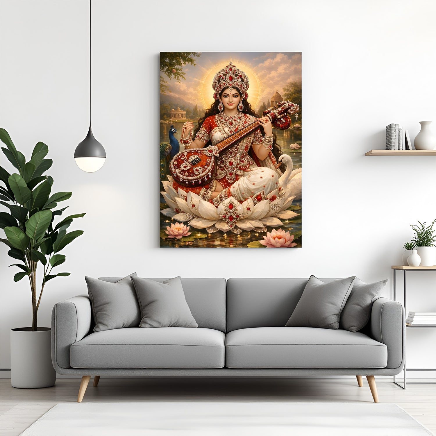Maa Saraswati seated on white lotus with swan and peacock spiritual canvas wall art