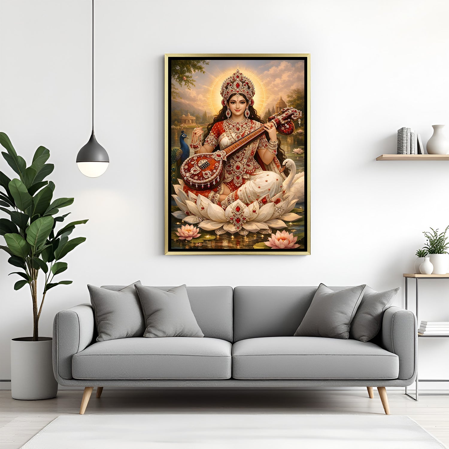 Maa Saraswati luxury spiritual artwork in golden floater frame with swan and peacock
