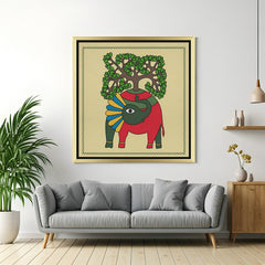 Golden floater frame Madhubani elephant canvas art inspired by traditional Bihar folk painting for vibrant Indian ethnic interiors