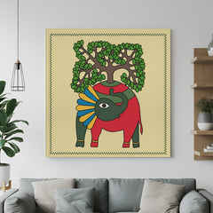 Madhubani elephant canvas painting in traditional Indian folk art style for ethnic wall decor and artistic home interiors