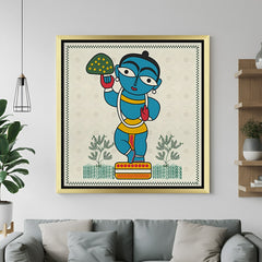 Golden frame Madhubani painting of Krishna lifting Govardhan – traditional and Vastu-friendly wall decor for home and office
