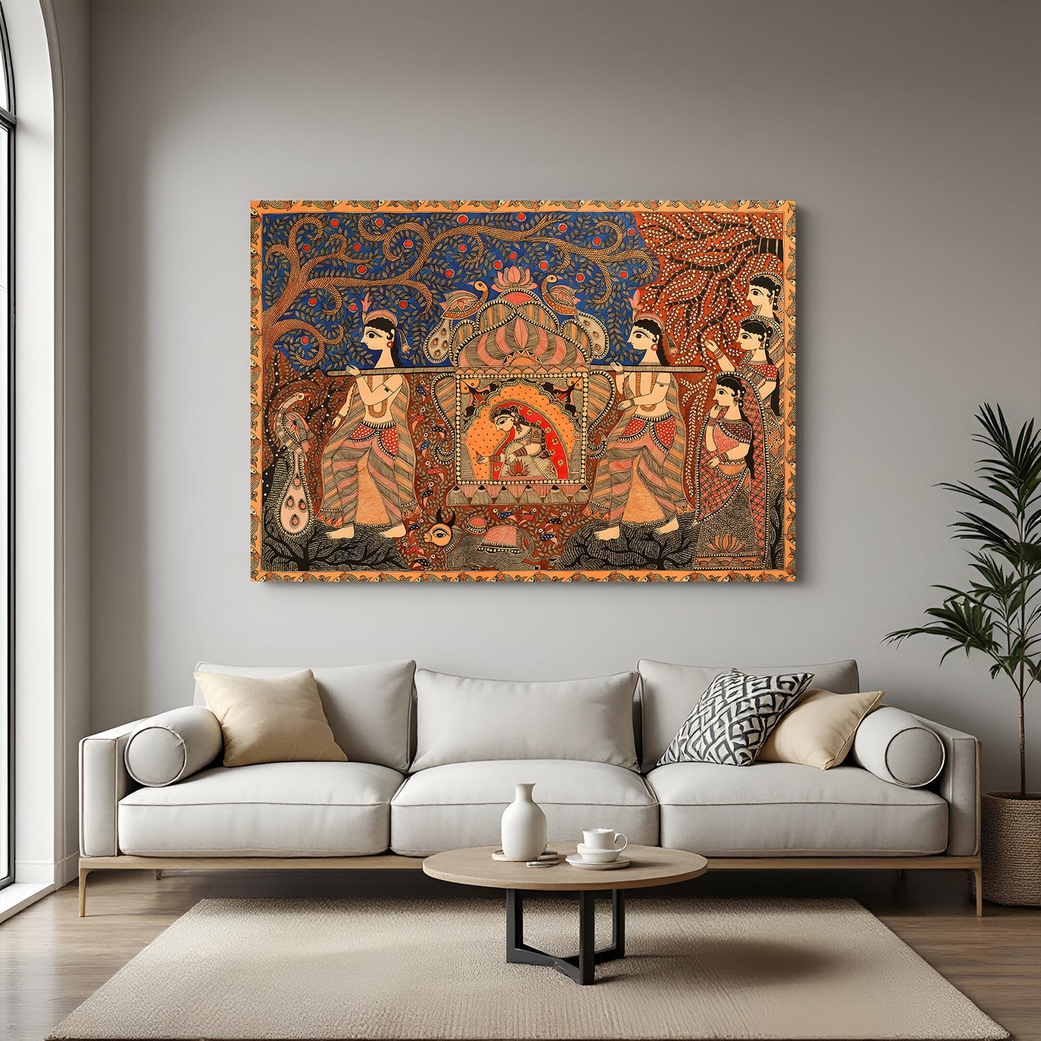 Madhubani princess in palki canvas wall art in premium canvas wrapped frame with traditional folk detailing
