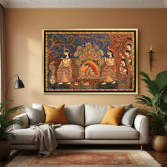 Luxury Madhubani princess in palki artwork in golden floater frame with intricate Indian folk design
