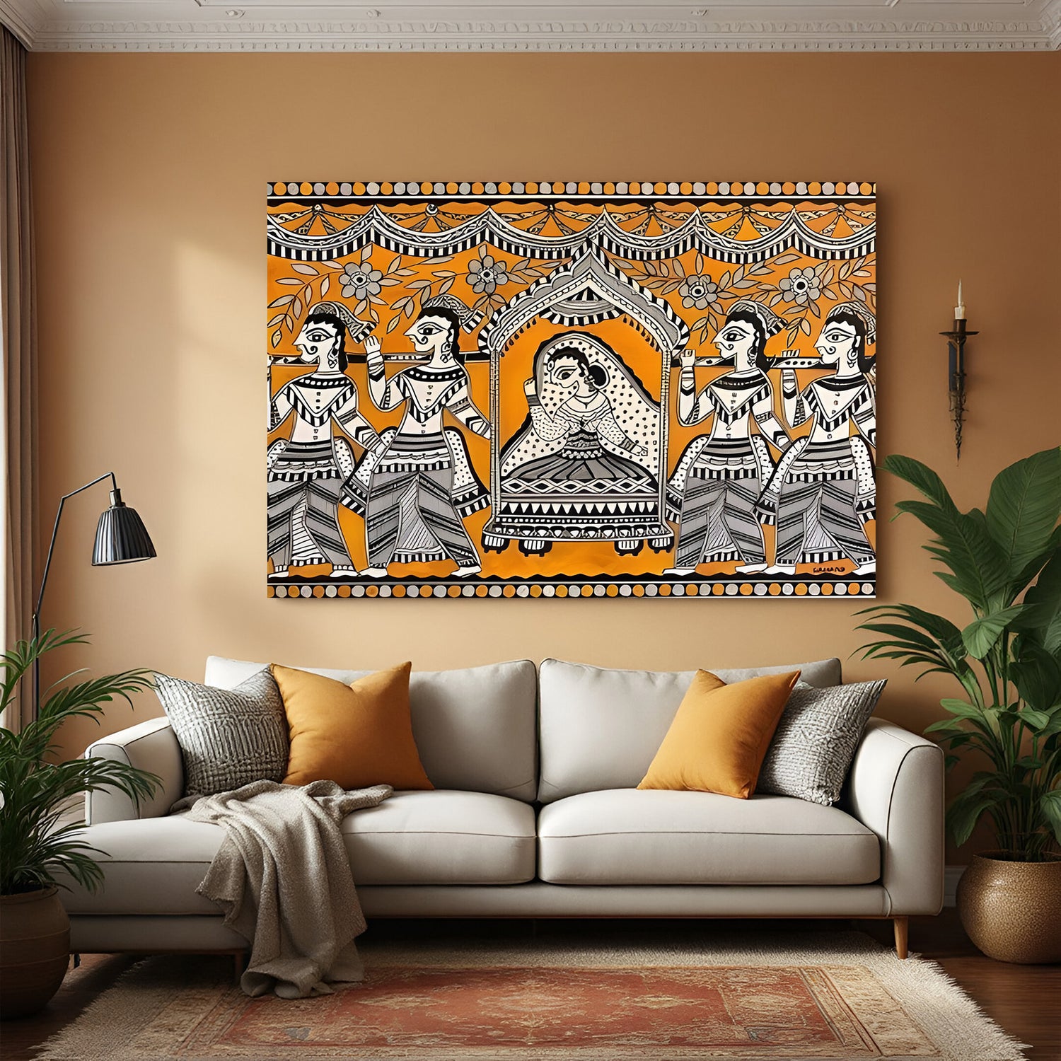 Madhubani princess palki canvas wall art with orange background and traditional folk detailing in premium canvas wrapped frame