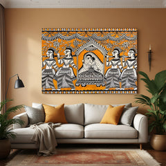Madhubani princess palki canvas wall art with orange background and traditional folk detailing in premium canvas wrapped frame