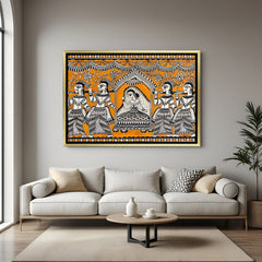 Luxury Madhubani princess in palki artwork with orange background in golden floater frame and intricate folk design