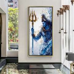 mahadev trishul golden framed canvas wall art offering divine blessings positive vastu energy and peaceful spiritual atmosphere in home decor