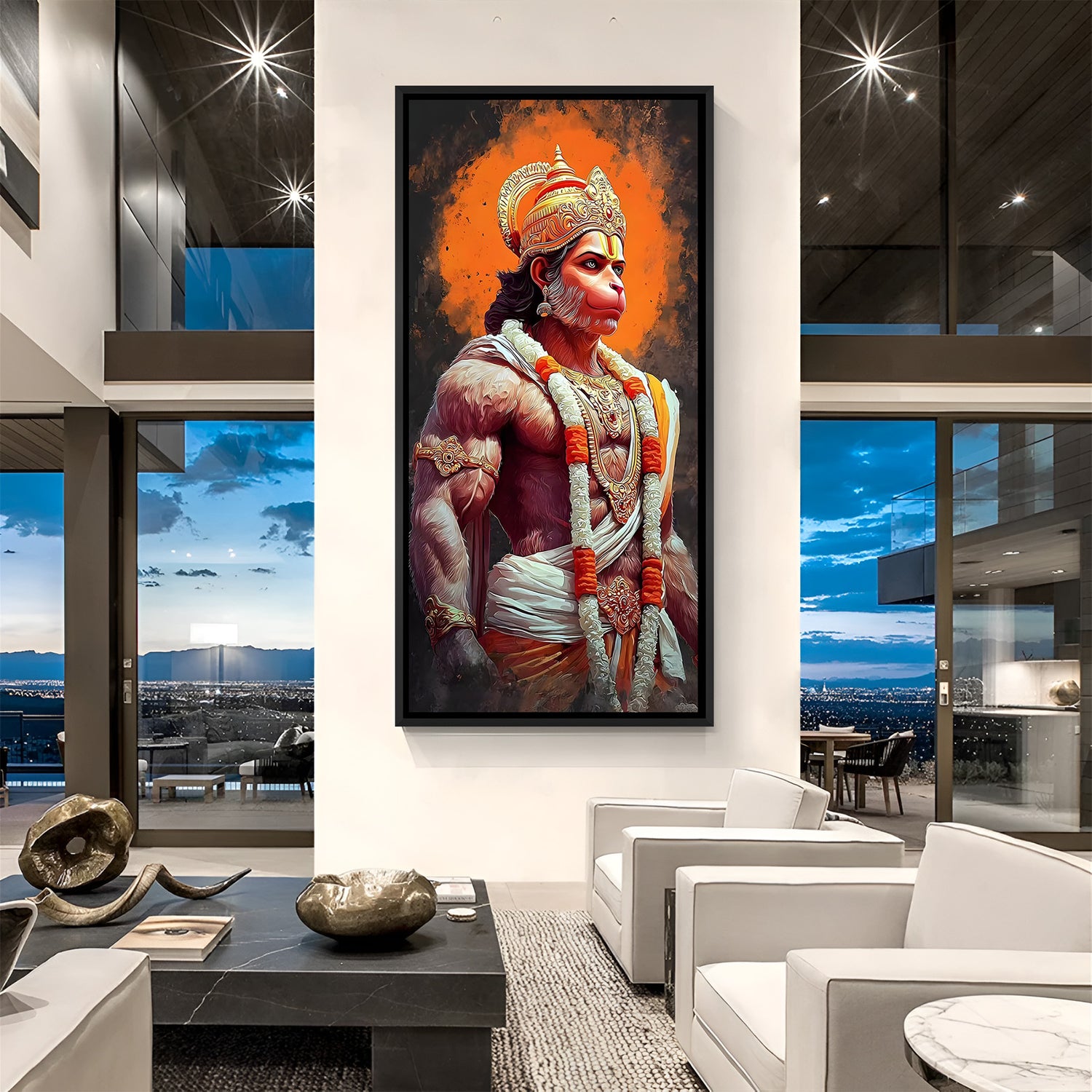Hanuman Ji portrait artwork in black frame with dramatic orange halo.