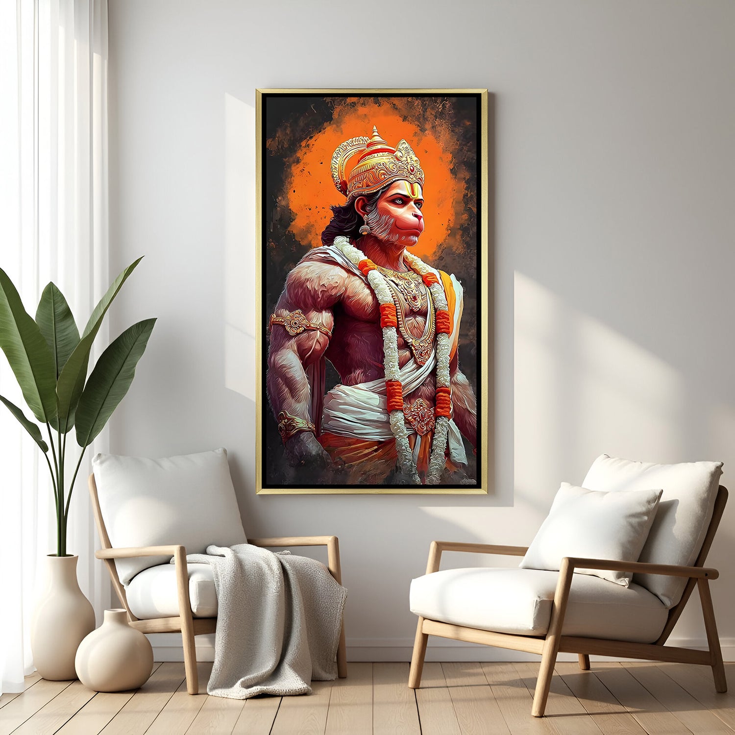Powerful Hanuman Ji wall art in gold frame with radiant aura background.