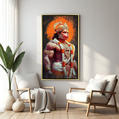 Powerful Hanuman Ji wall art in gold frame with radiant aura background.