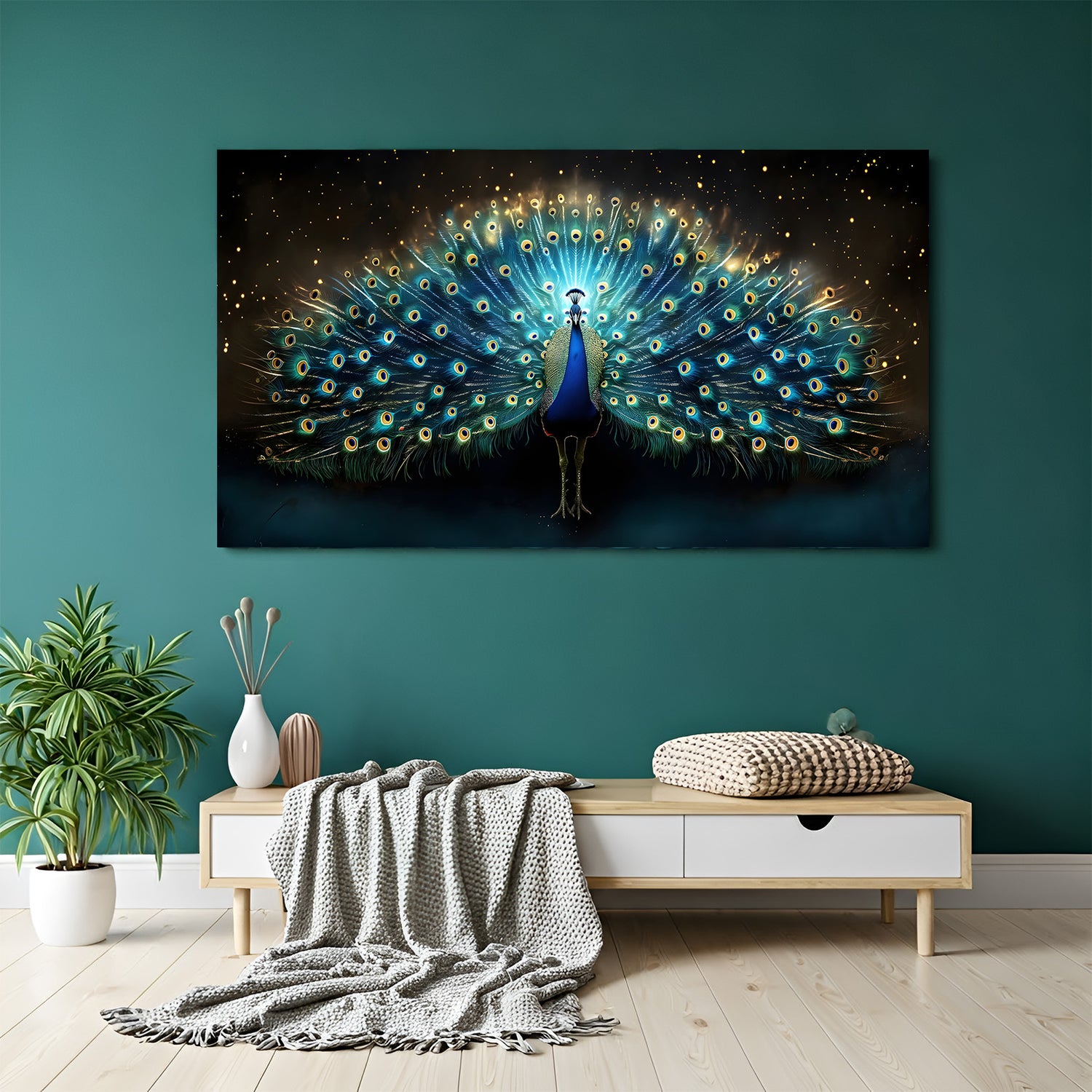 Wide peacock canvas wall art featuring fully spread glowing feathers against a dark starry background.