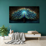 Wide peacock canvas wall art featuring fully spread glowing feathers against a dark starry background.