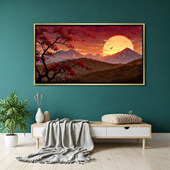 Majestic Peaks Contemporary canvas print in luxury golden floater frame featuring a stylish mountain landscape painting