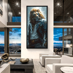 Stylish lion wall art in black floater frame featuring sunglasses and modern luxury design