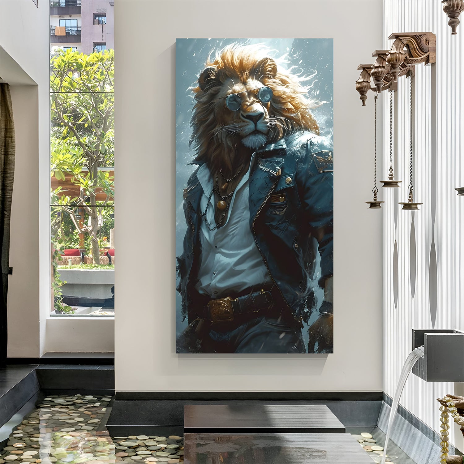 Majestic rebel lion canvas wall art with sunglasses and leather jacket in premium canvas wrapped frame
