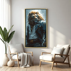 Luxury lion portrait canvas wall art in golden floater frame with fashionable modern styling