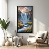 Majestic waterfall landscape wall painting in sleek black floater frame for elegant modern decor
