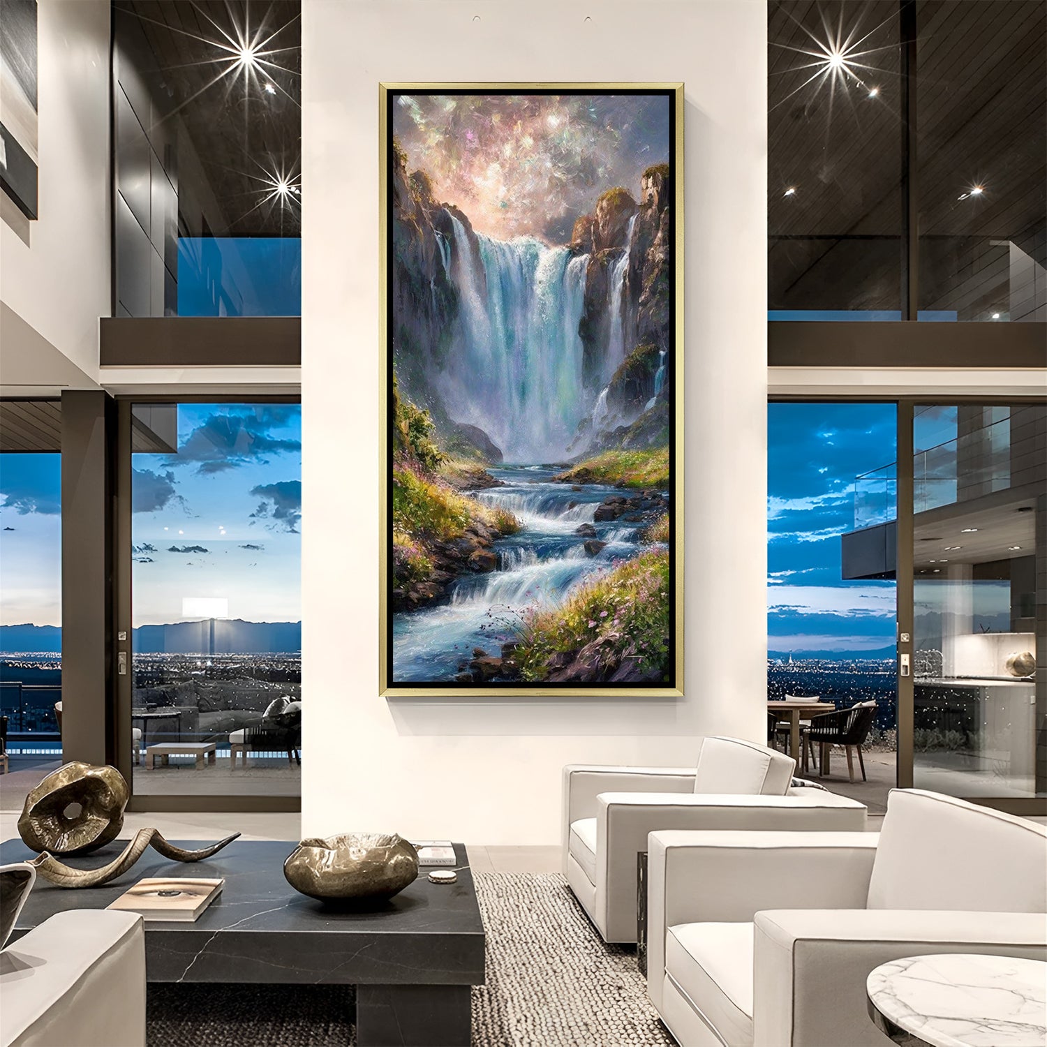 Majestic waterfall landscape canvas wall art in golden floater frame showcasing luxury home decor
