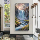Majestic waterfall landscape canvas wall art wrapped on stretcher frame displayed in luxurious home interior