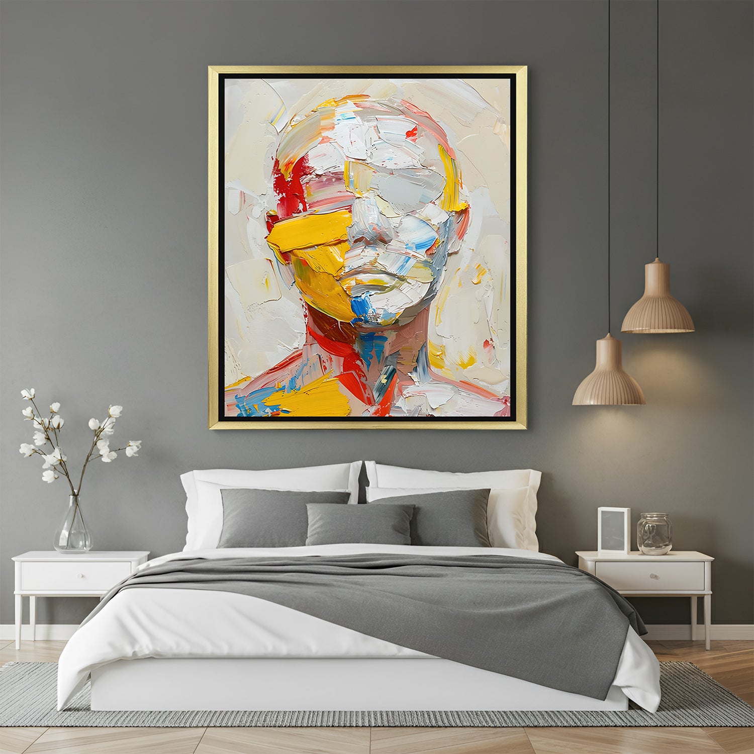 Subtle abstract male portrait in golden floater frame – elegant and minimal canvas wall art for stylish and artistic home interiors