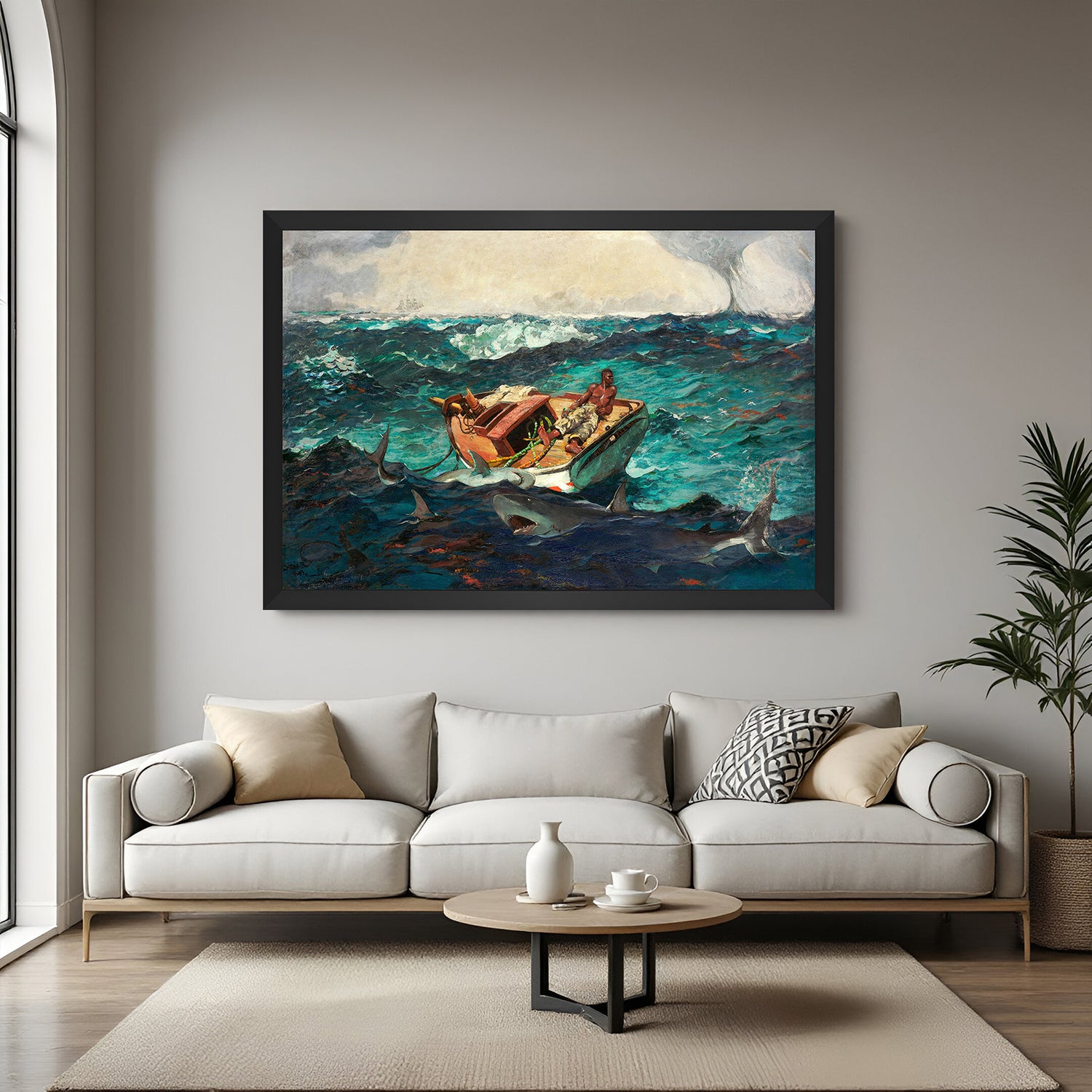 Black-framed vintage canvas print of ocean survival with sharks—ancient-style maritime wall decor