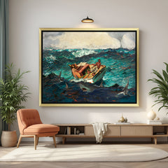 Golden-framed canvas wall art of man in sea with sharks—vintage nautical drama for bold and adventurous interiors