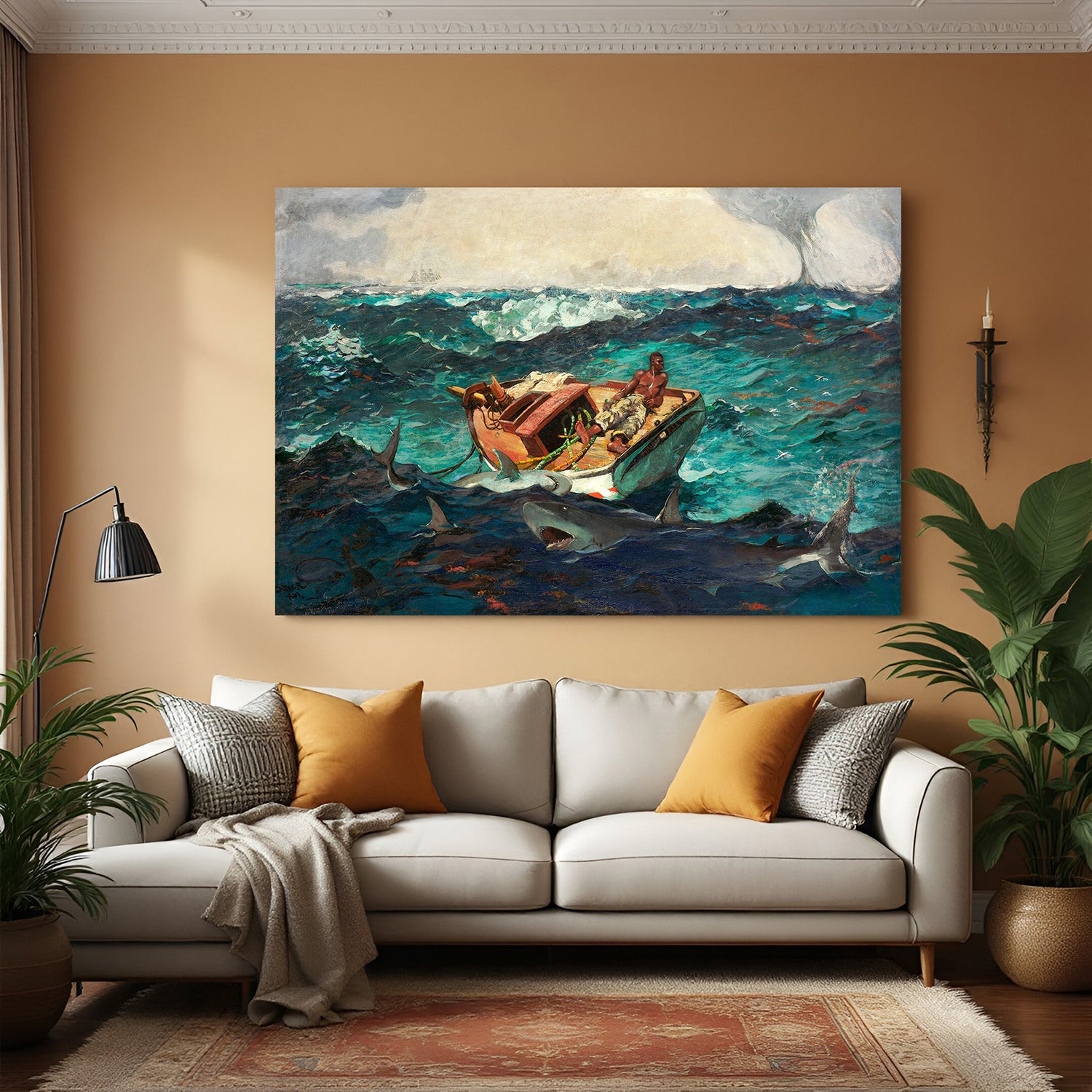 Vintage canvas wall art of man stuck in a boat surrounded by sharks—dramatic ocean survival scene in classical style