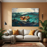 Vintage canvas wall art of man stuck in a boat surrounded by sharks—dramatic ocean survival scene in classical style