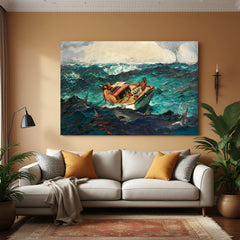 Vintage canvas wall art of man stuck in a boat surrounded by sharks—dramatic ocean survival scene in classical style