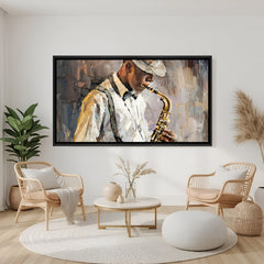 Modern saxophone musician wall art in black floater frame with elegant jazz-inspired artistic style