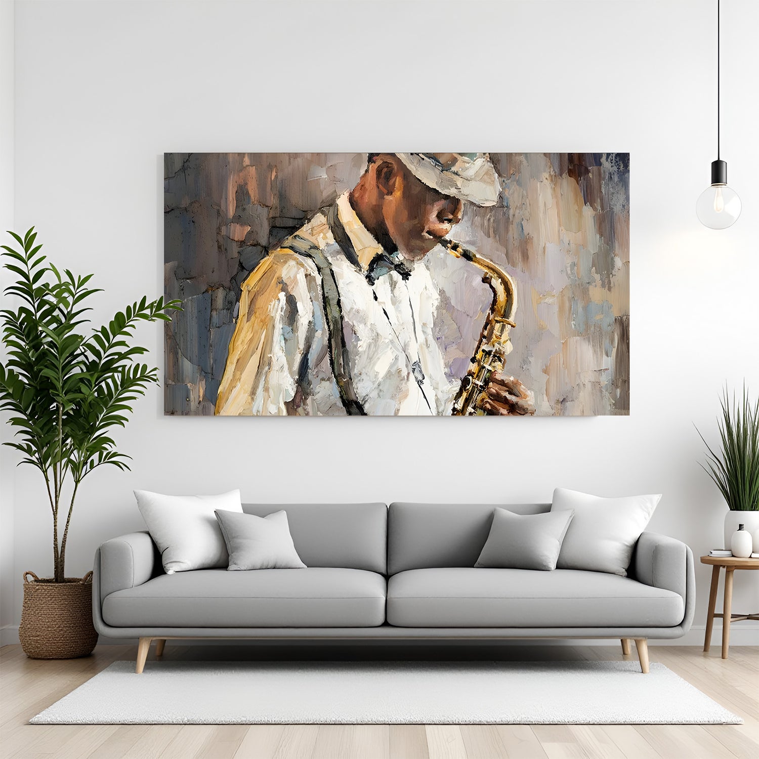Man playing saxophone modern art canvas wall painting in premium canvas wrapped frame with musical artistic design