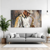 Man playing saxophone modern art canvas wall painting in premium canvas wrapped frame with musical artistic design