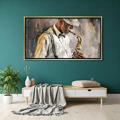 Man playing saxophone modern canvas artwork in golden floater frame for luxury music-themed interiors