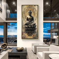 Spiritual Buddha canvas with detailed mandala design in white frame.