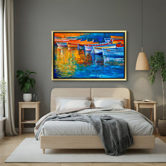 Golden frame abstract canvas featuring multiple boats on a river – modern scenic wall art in a painted style