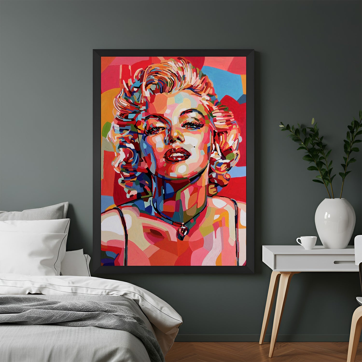 Black-framed modern canvas of Marilyn Monroe in painted style, perfect for bedrooms, salons, or decor featuring iconic, beautiful women in art