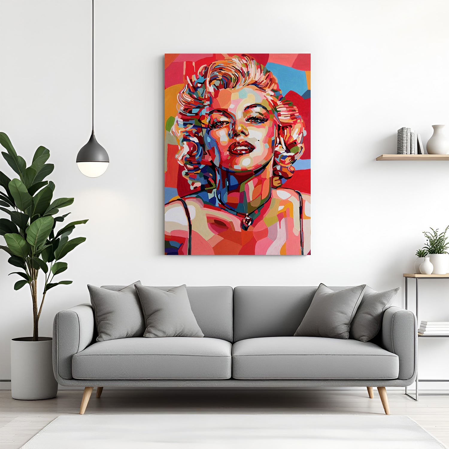 Painted style canvas art of Marilyn Monroe, capturing her elegance and beauty in soft tones and bold brush strokes for stylish feminine wall decor