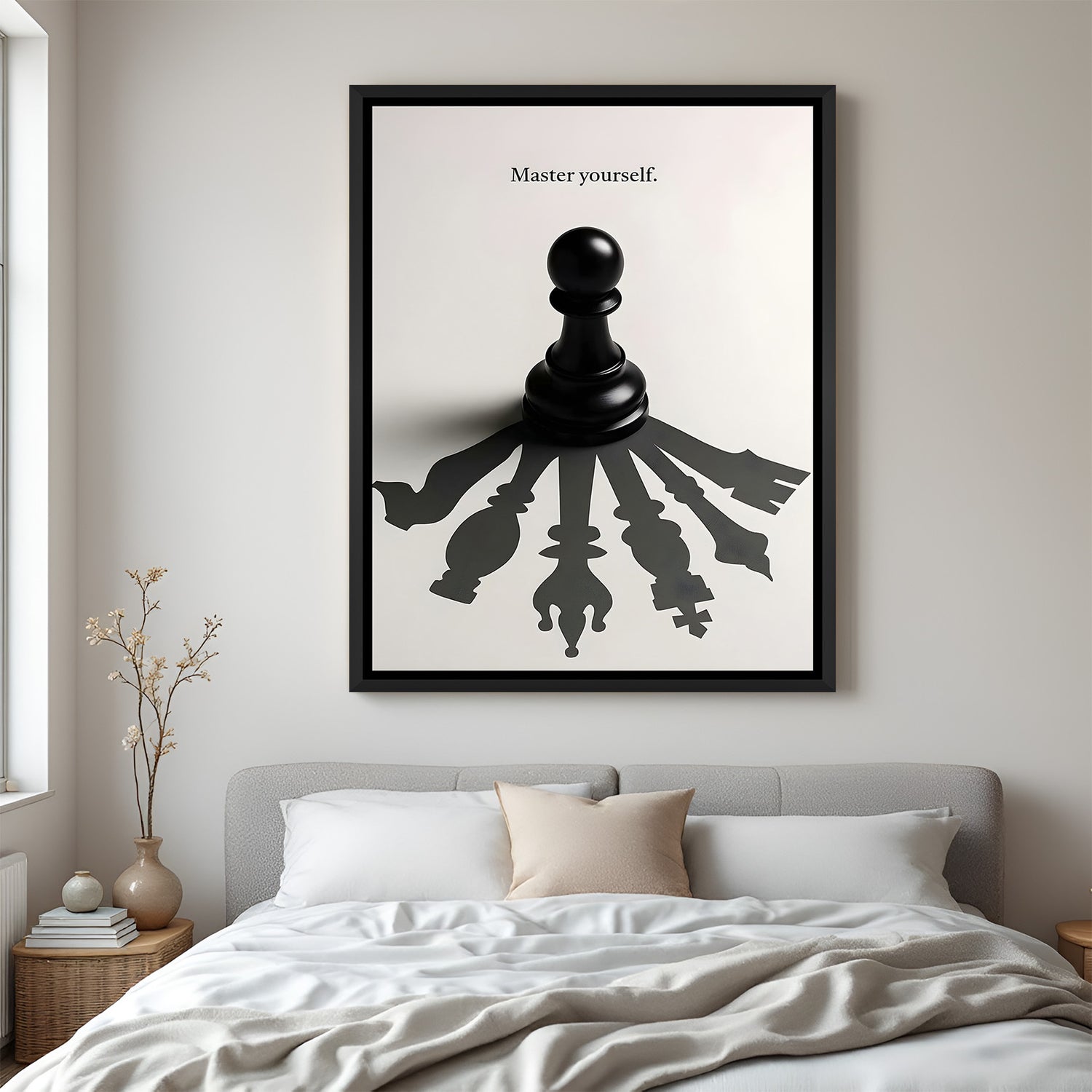 Master Yourself motivational chess wall art in elegant black floater frame for modern office and study decor