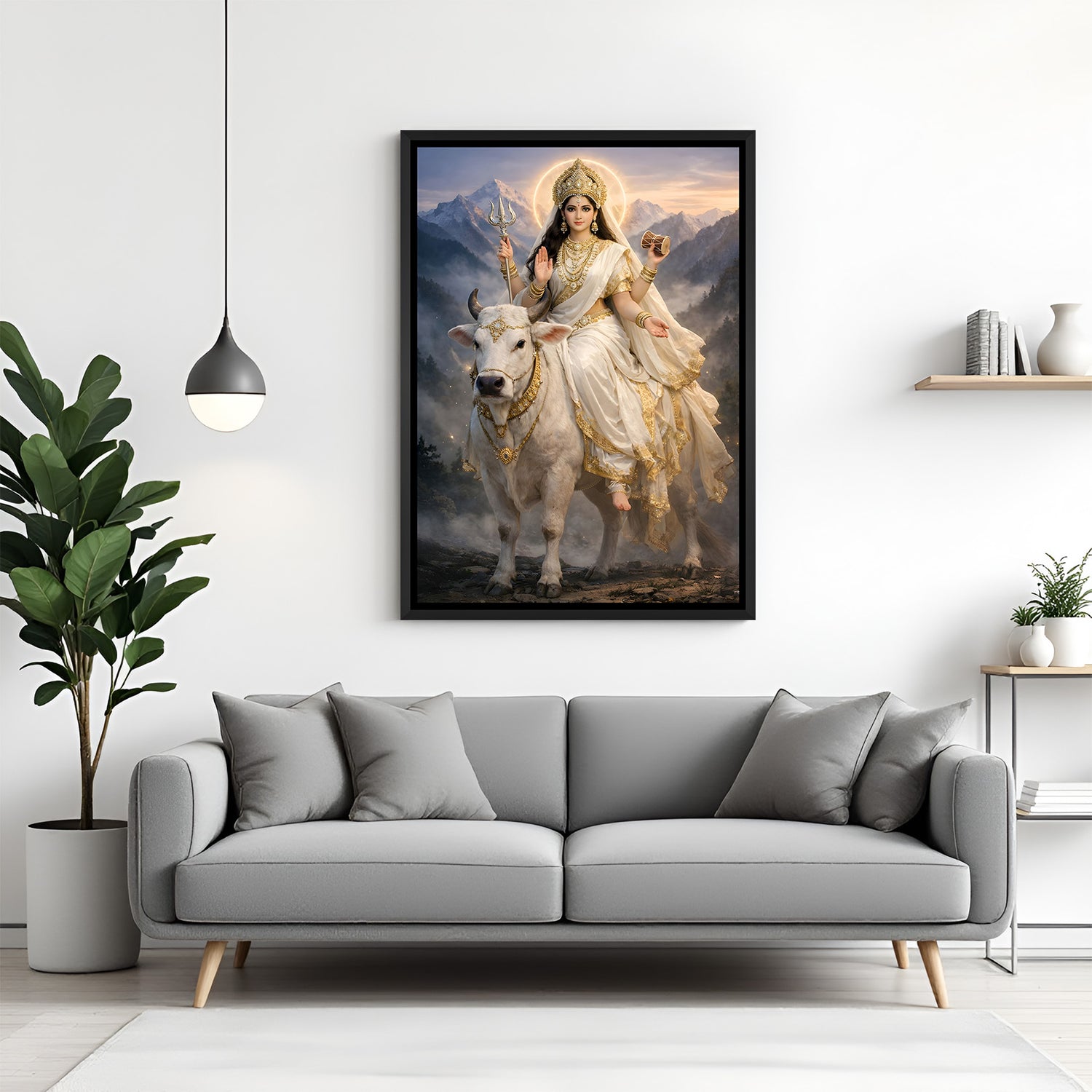 Mata Parvati divine wall painting in elegant black floater frame with white cow and mountains