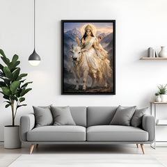 Mata Parvati divine wall painting in elegant black floater frame with white cow and mountains