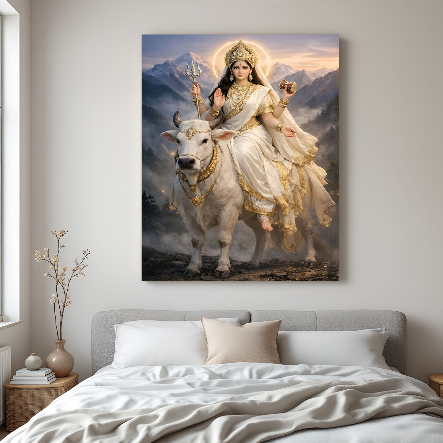 Mata Parvati seated on sacred white cow with Himalayan mountains spiritual canvas wall art
