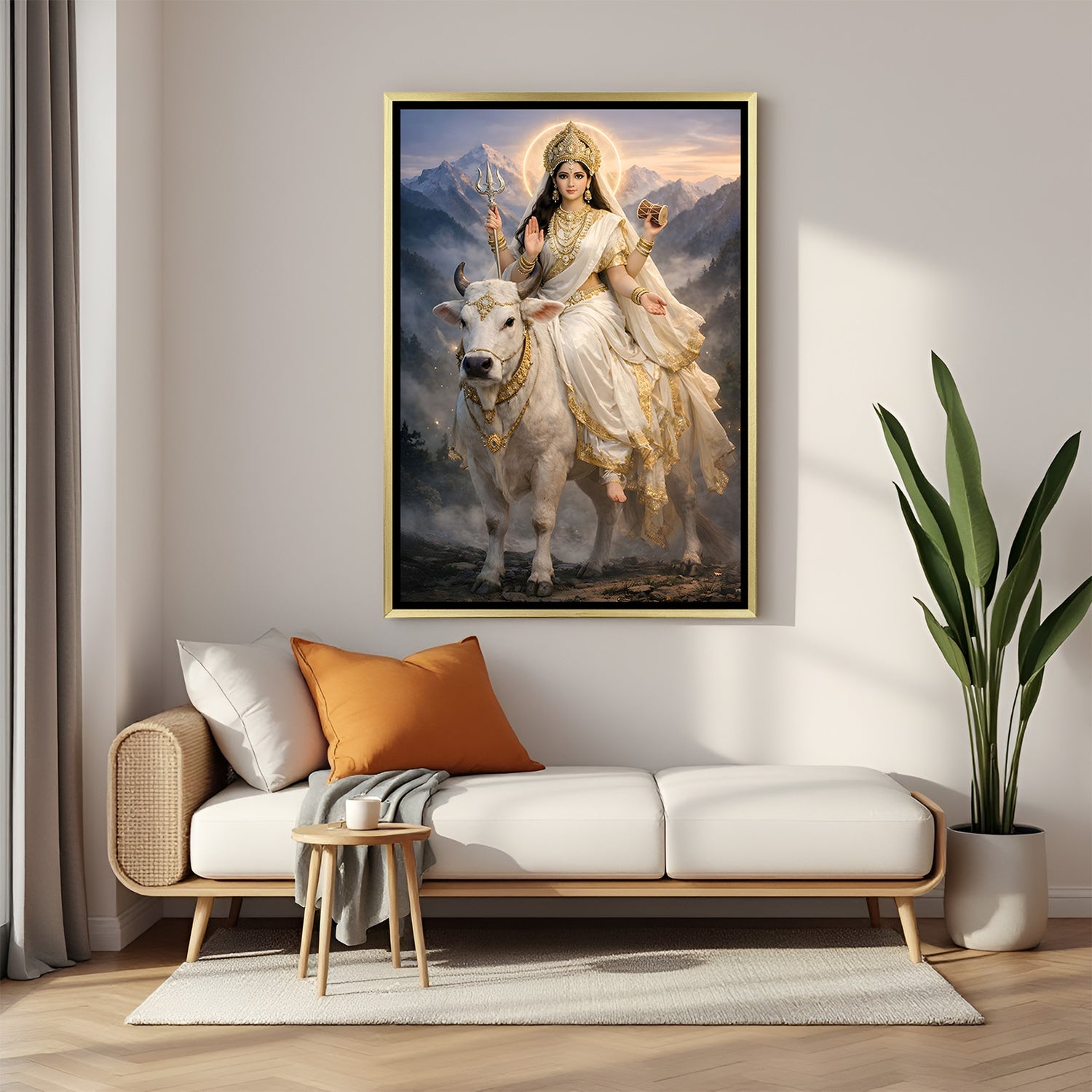 Mata Parvati luxury spiritual artwork in golden floater frame with Himalayan mountain background