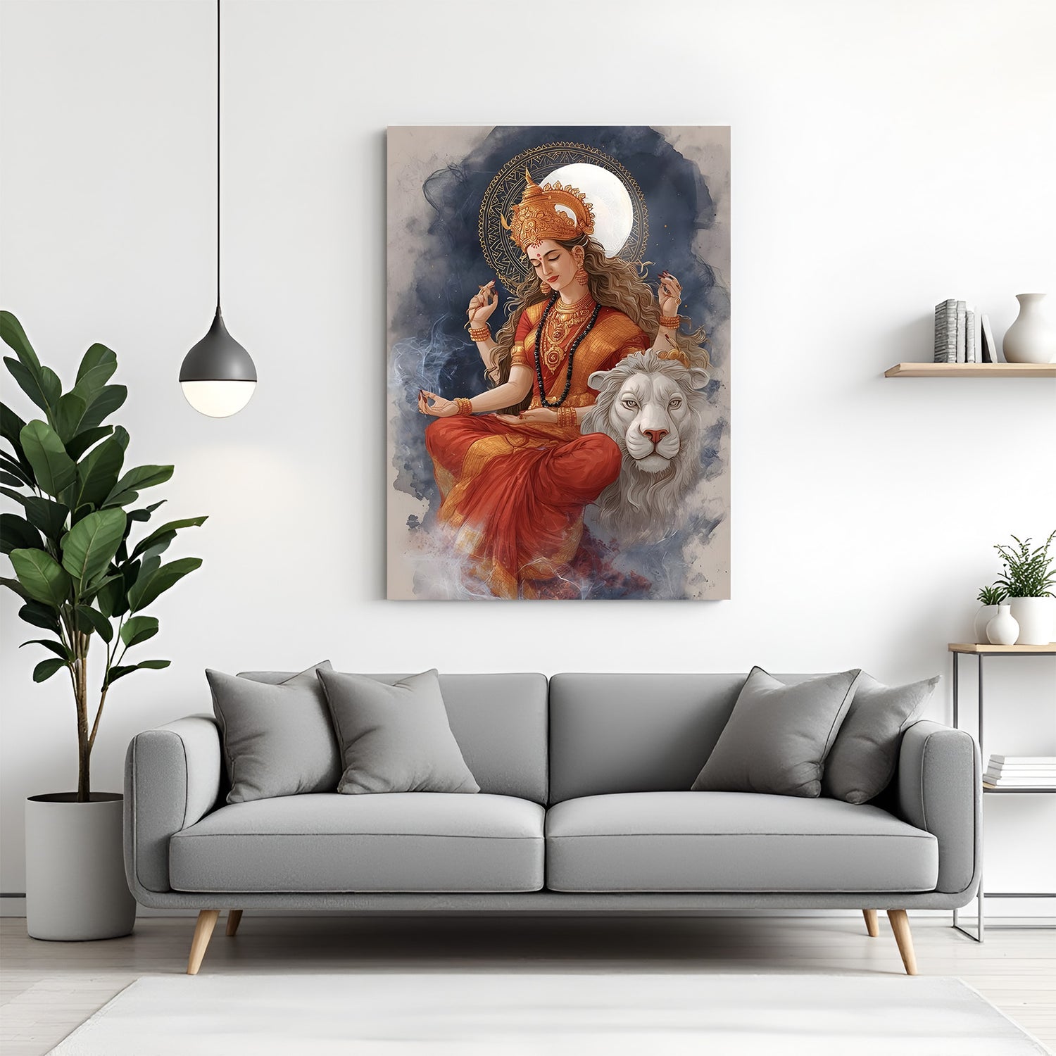 Durga Maa sitting in meditation pose on sacred white lion spiritual canvas wall art