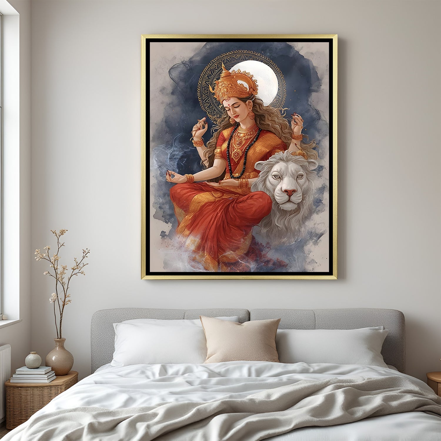 Durga Maa spiritual artwork in golden floater frame sitting on white lion in meditation pose