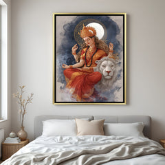 Durga Maa spiritual artwork in golden floater frame sitting on white lion in meditation pose